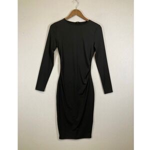 Chic Cocktail Bodycon Dress Women Small Black Long Sleeve Ruched Knee Length